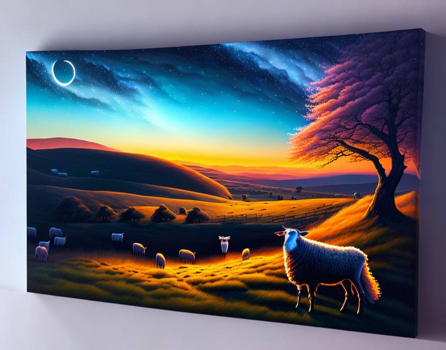 Serene twilight scene with grazing sheep under a starry sky