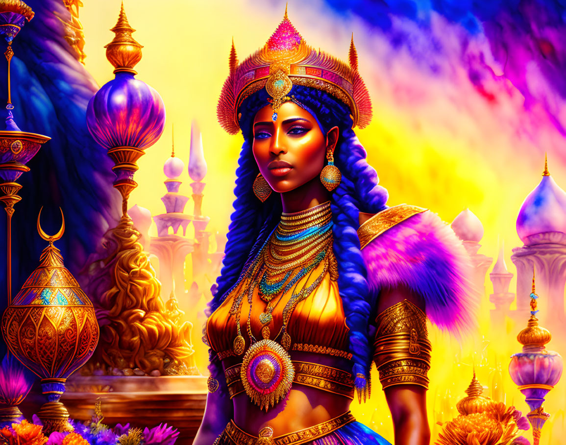 Regal woman in ornate attire with gold jewelry and headdress against colorful skies and exotic palaces