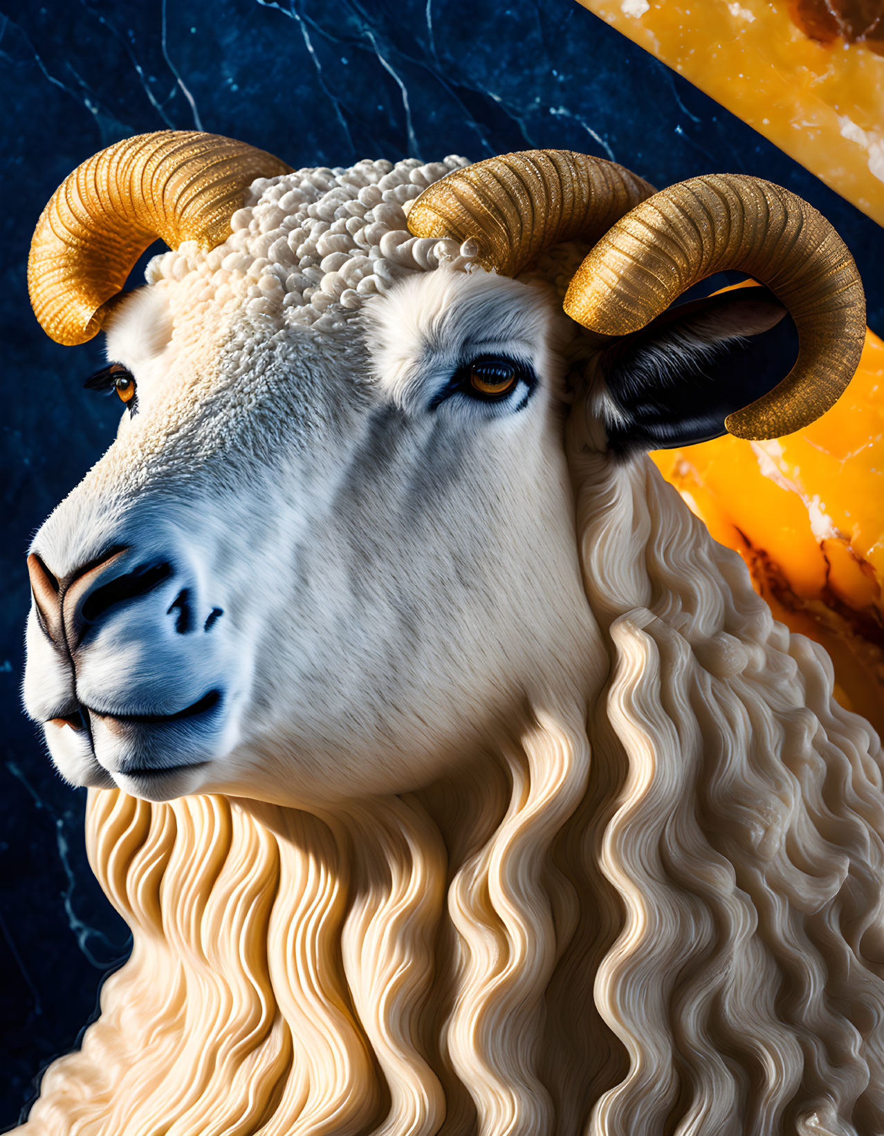 Detailed Close-Up: Ram Illustration with Curled Horns & Textured Wool