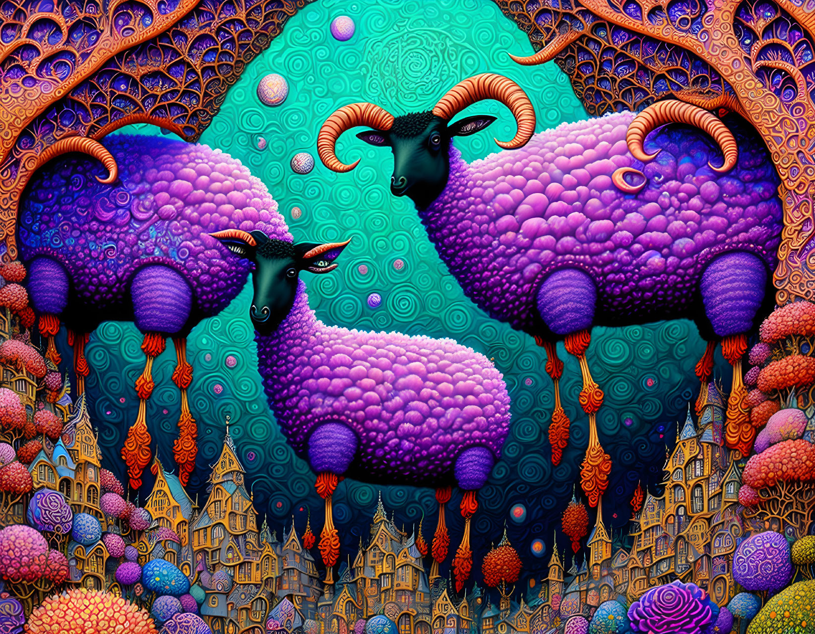 Colorful surreal artwork: Three purple sheep with large horns in whimsical setting