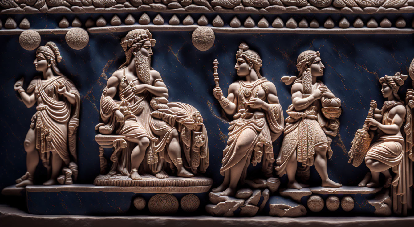 Intricate Bas-Relief Sculpture of Six Figures in Traditional Indian Attire