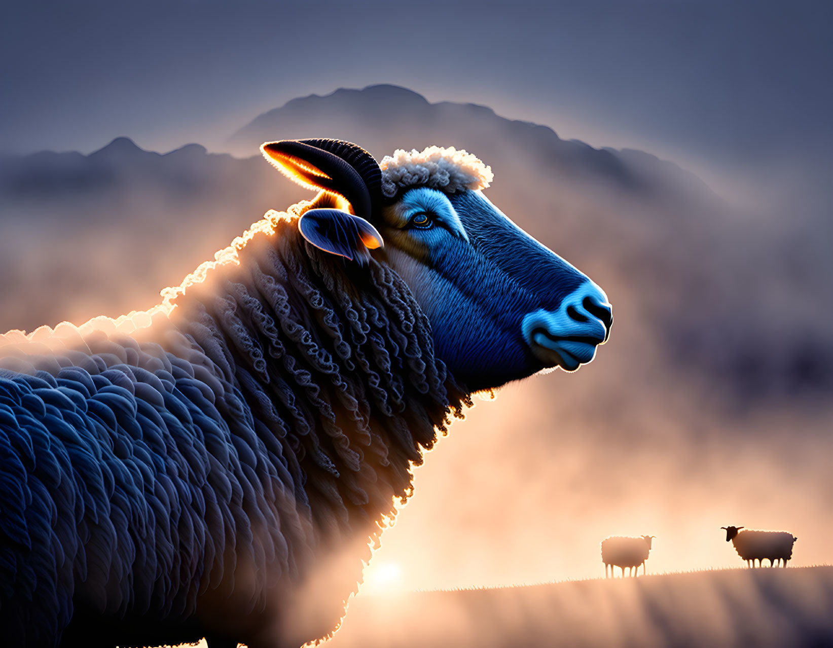 Stylized blue-faced sheep digital art with edging effects