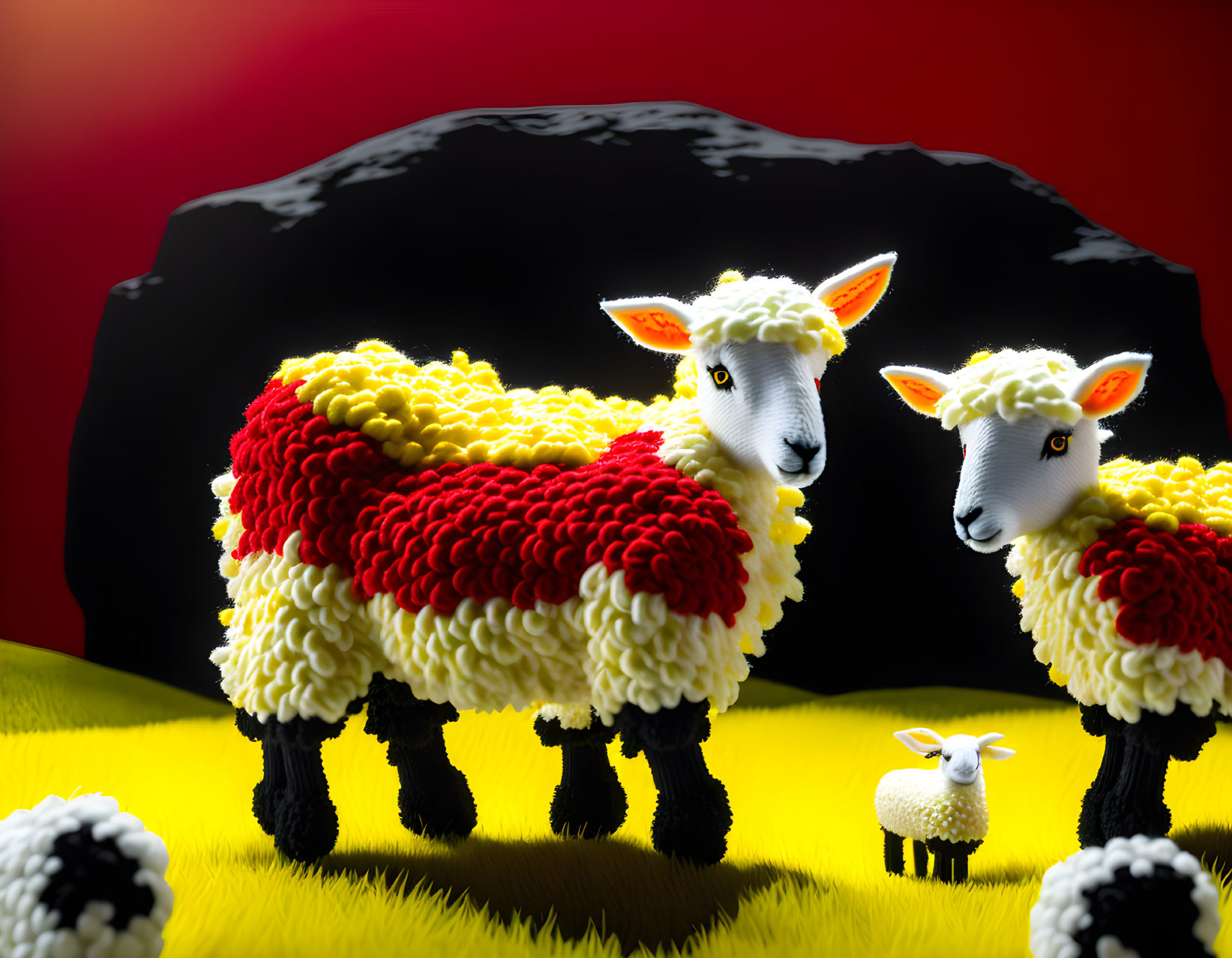 Yellow and red wool sheep on grass under red sky with small sheep and black rock.