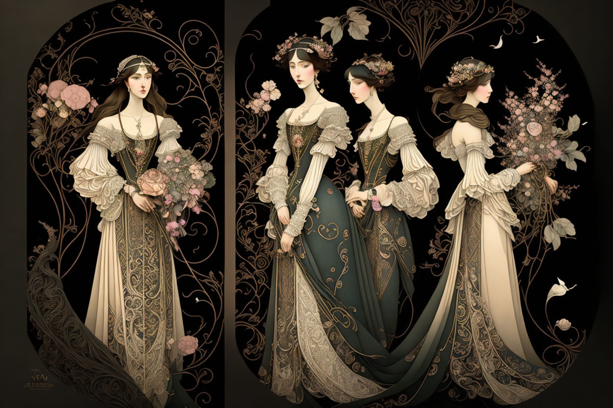 Stylized illustrations of women in ornate historical dresses with floral motifs