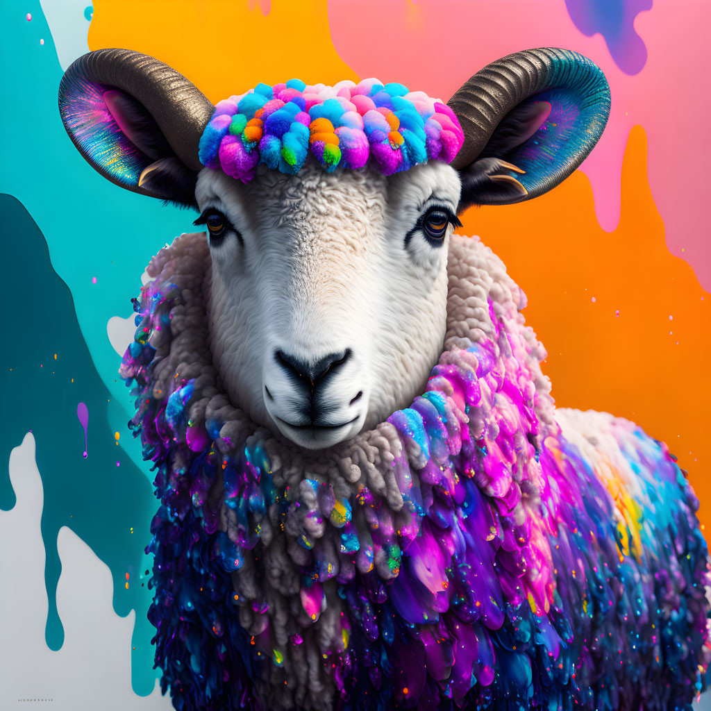 Colorful digital artwork featuring a sheep with multicolored wool against a vibrant backdrop.