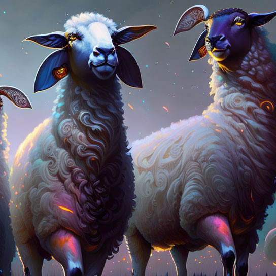 Stylized sheep with blue faces and swirling wool in dreamy, colorful setting