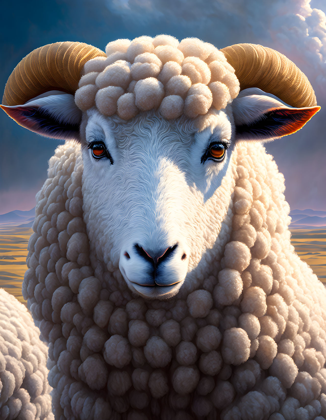 Hyper-realistic image of sheep with woolly coat, amber eyes, and curled horns in dramatic landscape