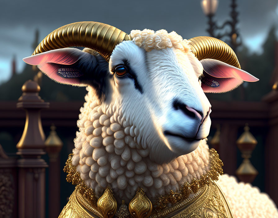 Illustration of sheep with golden horns on luxury balcony at dusk