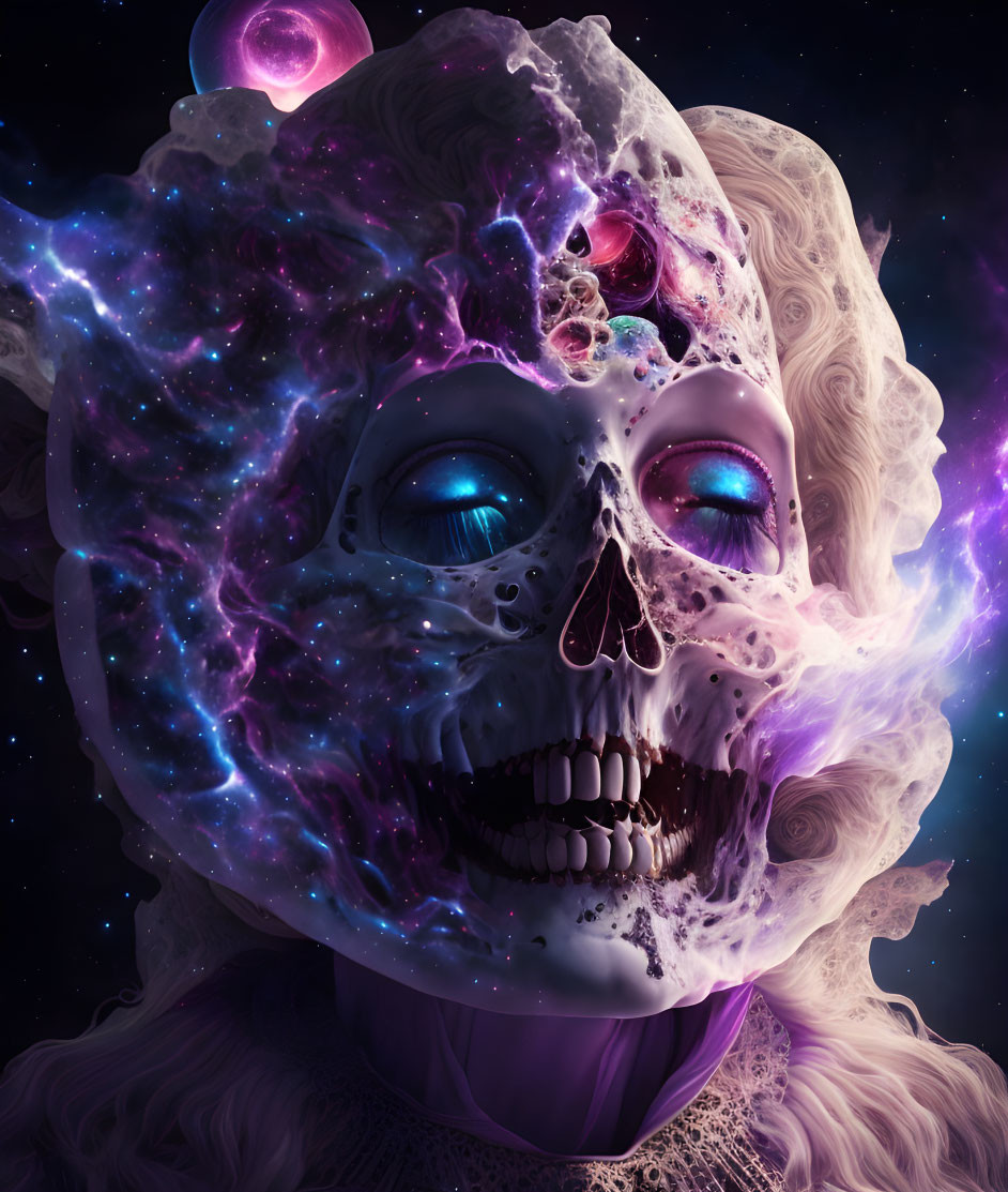 Cosmic-themed digital artwork: Skull with vivid blue eyes and nebulae textures