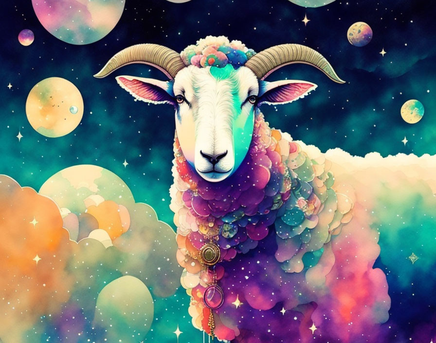 Vibrant cosmic sheep with space background and planets