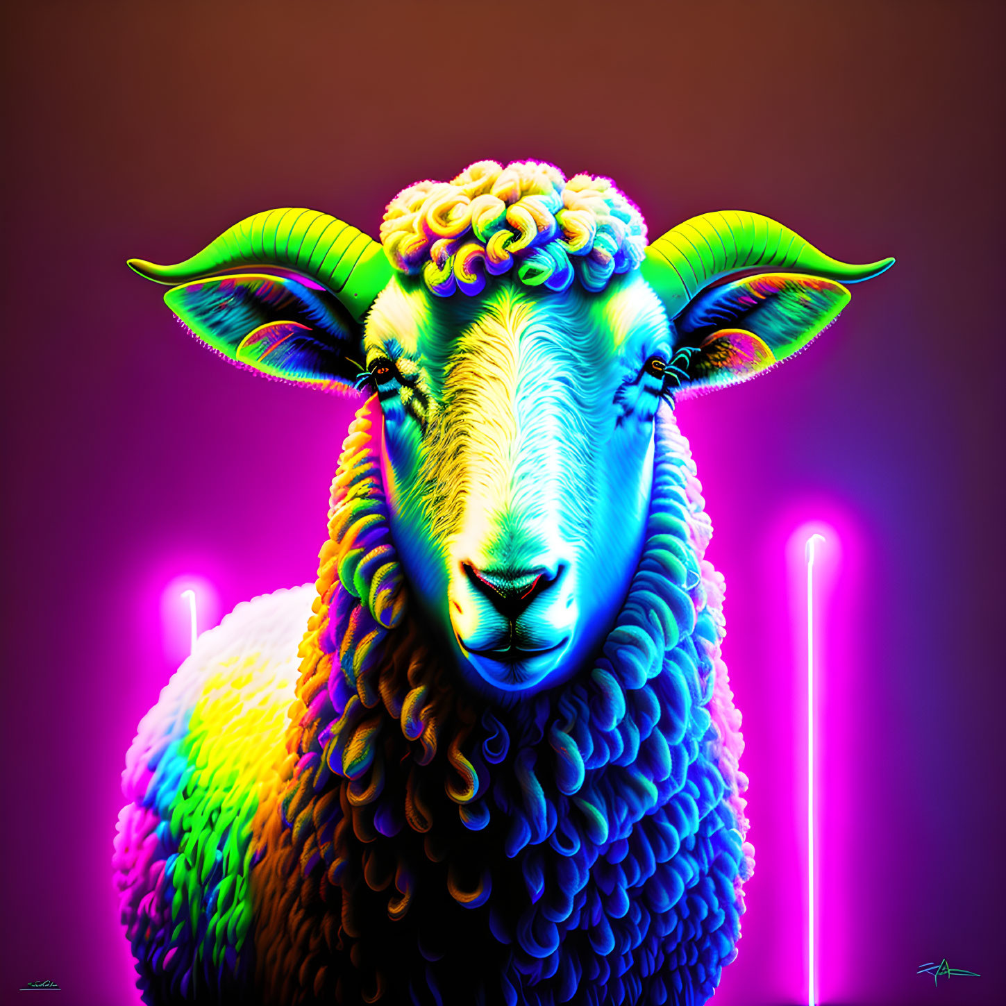 Neon-lit digital art: Fluorescent ram with pink & purple backdrop