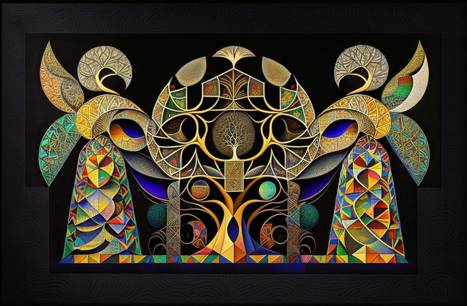 Symmetrical abstract tree-like forms in vibrant mosaic artwork