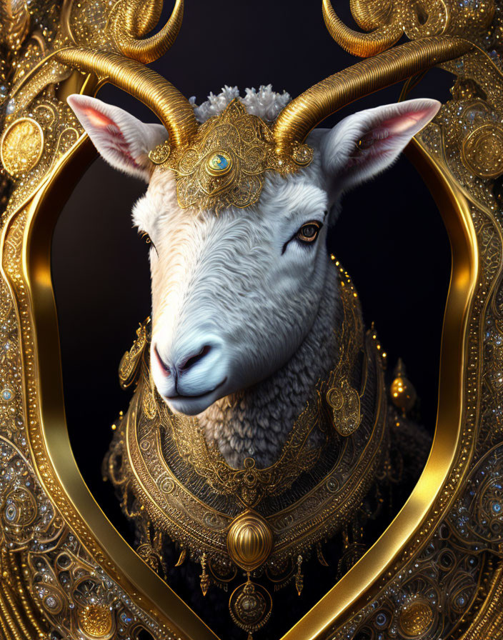 Intricate Ram's Head with Golden Jewelry and Decorative Motifs