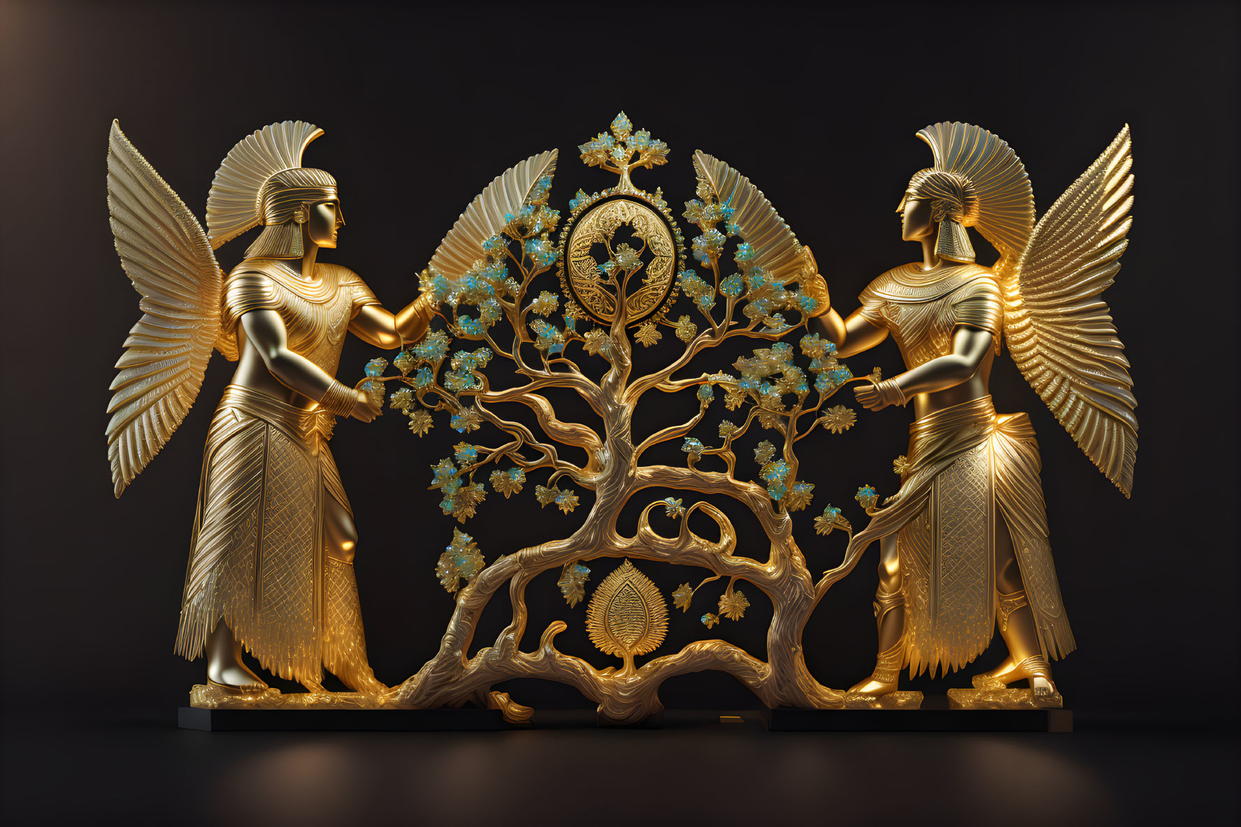 Golden winged female figures with tree motif on dark background