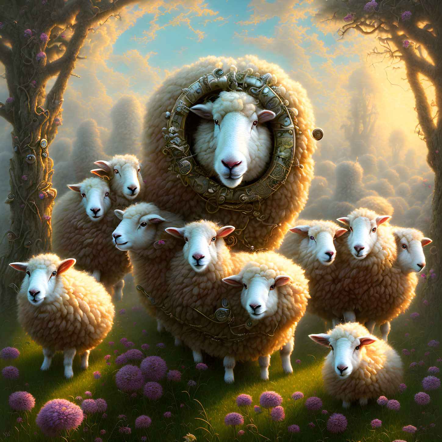 Digital painting of whimsical sheep in a forest landscape