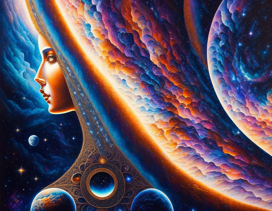 Colorful cosmic-themed illustration blending woman's profile with celestial bodies and nebulae in blue, orange