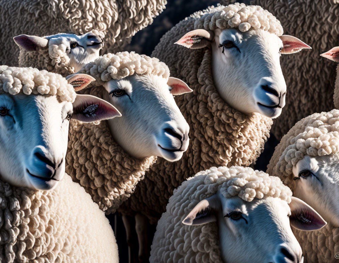 Flock of Sheep Close-Up with Thick Wool and Expressive Eyes