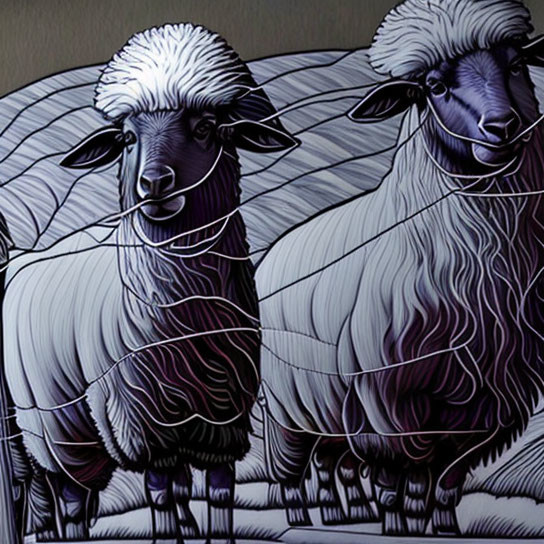 Stylized cartoon sheep with thick, curly wool in monochrome palette