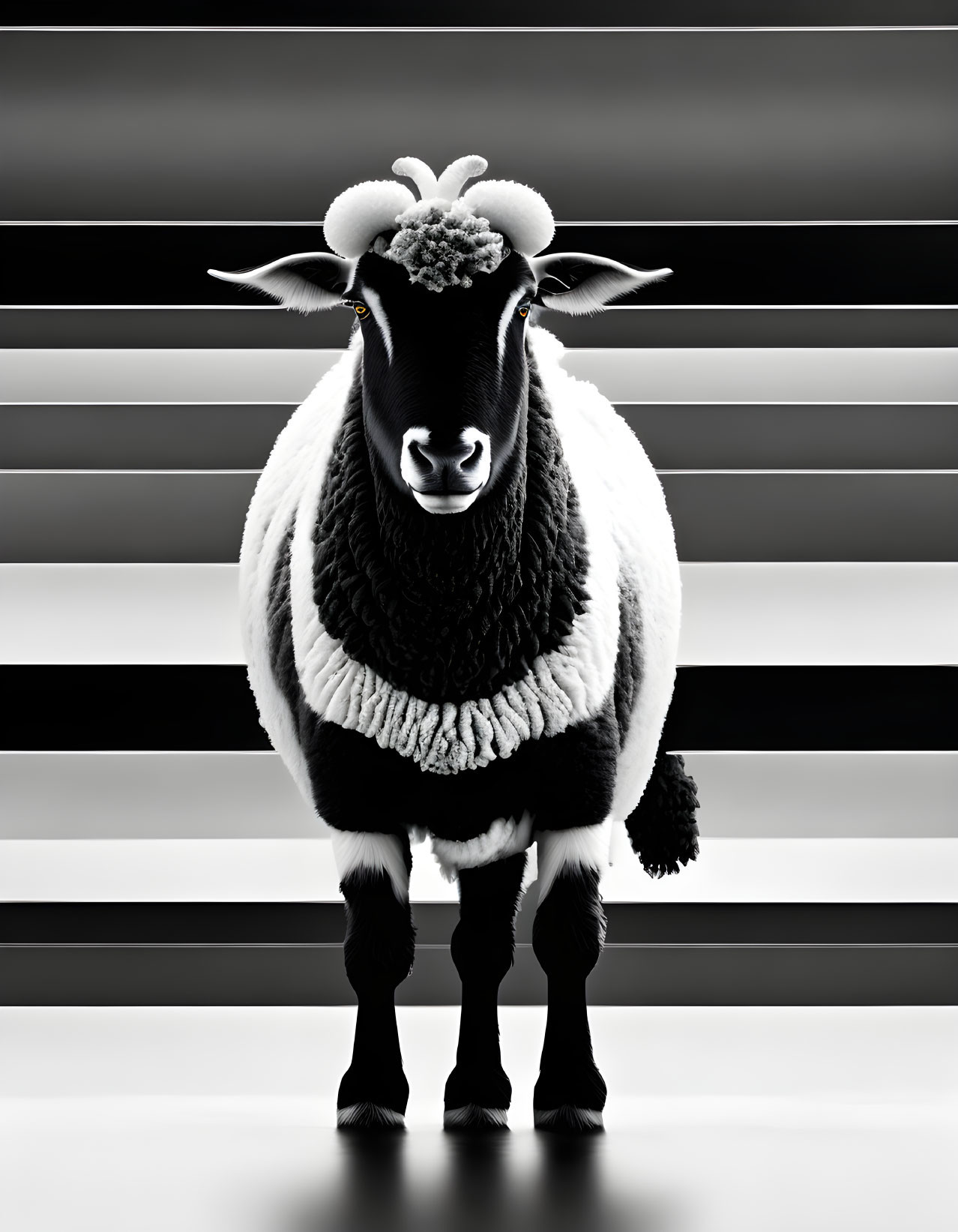 High-contrast sheep with black and white patterns on striped background