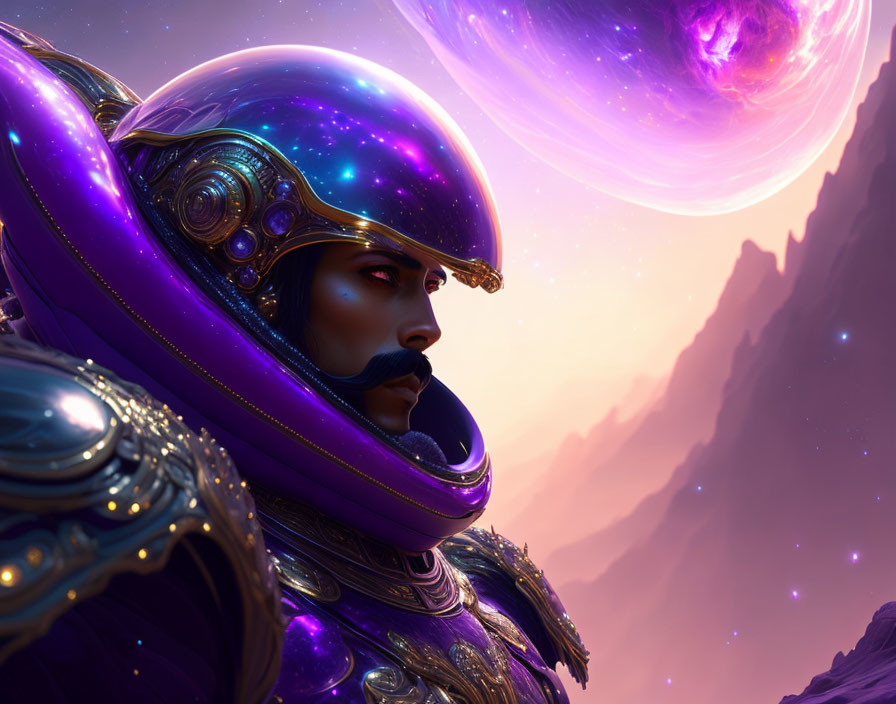 Futuristic digital artwork of person in purple armor against cosmic backdrop