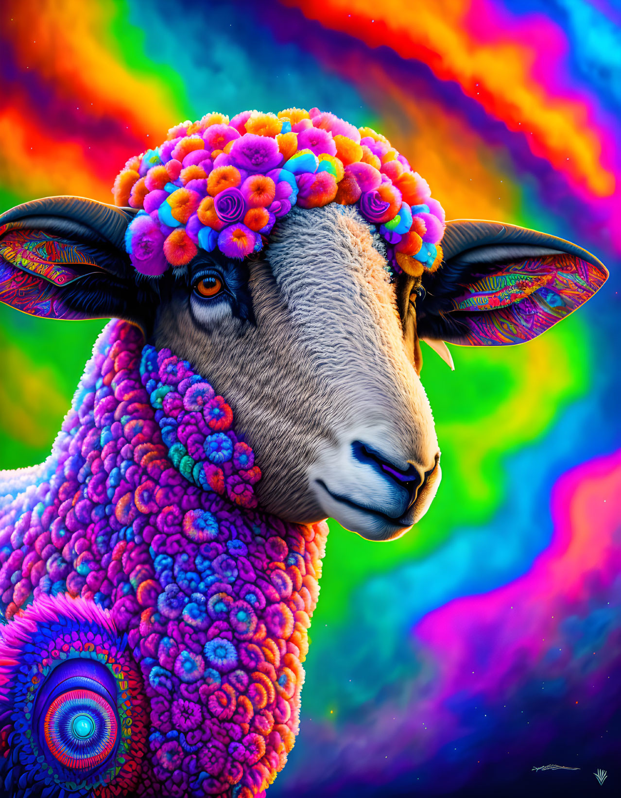 Colorful Psychedelic Sheep Illustration on Rainbow Background