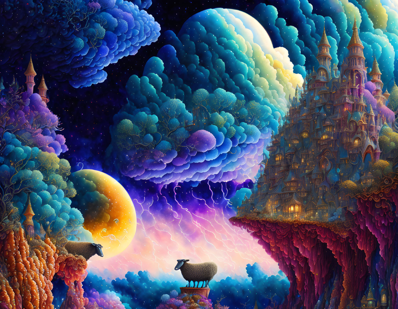 Colorful surreal landscape with sheep, castle, and celestial bodies