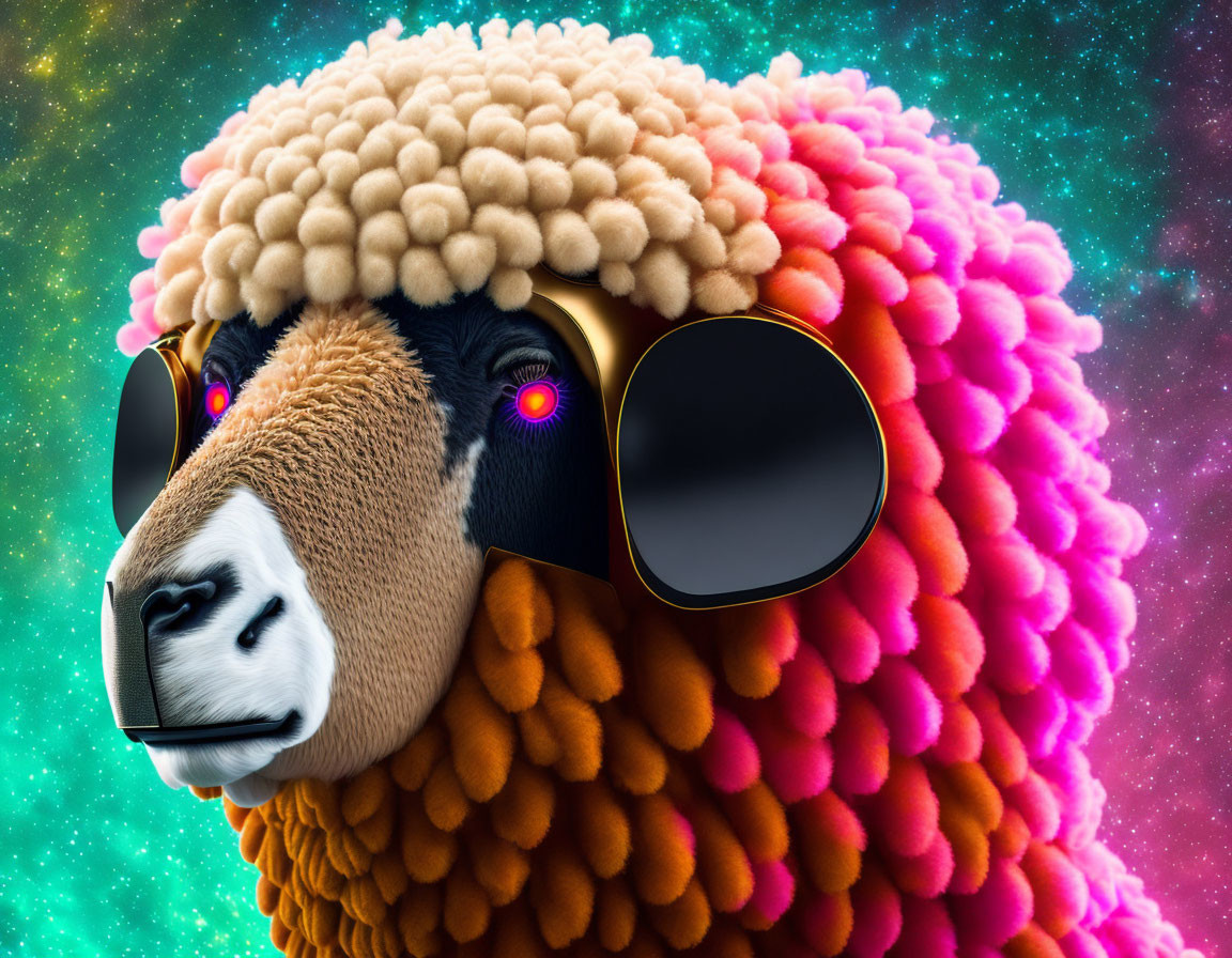 Vibrant Sheep Artwork with Oversized Sunglasses on Cosmic Background