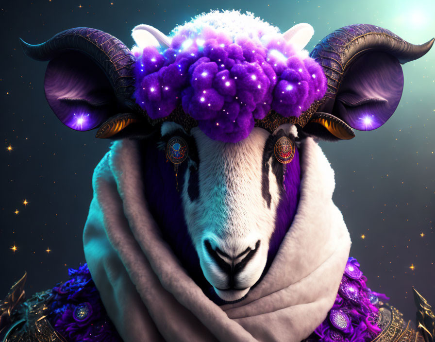 Surreal image of ram with vibrant purple fleece and golden earrings