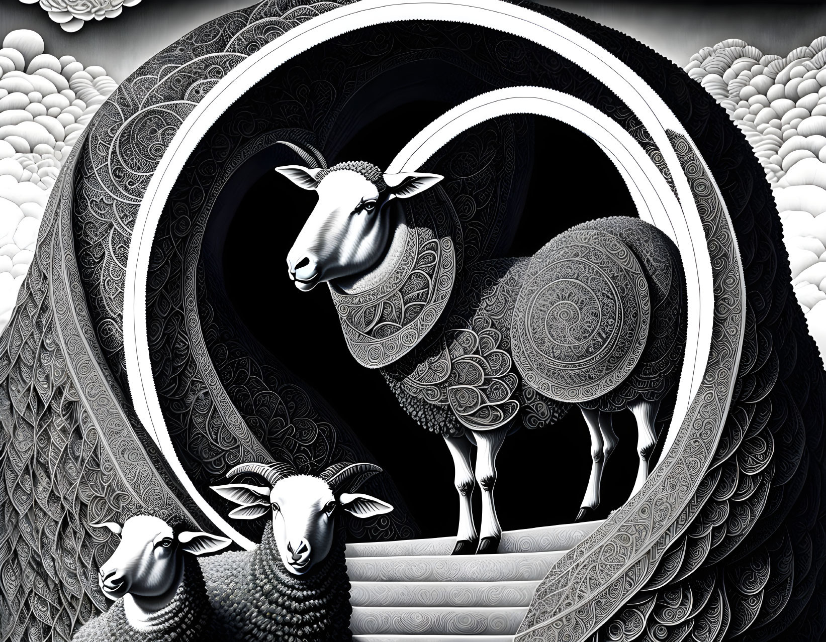 Detailed black and white sheep illustration with intricate patterns and ornate swirls.