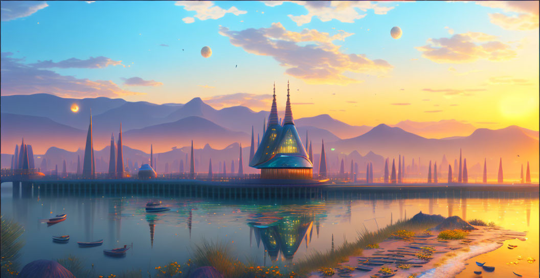 Futuristic cityscape with spire building, water reflections, boats, mountains, and multiple moons