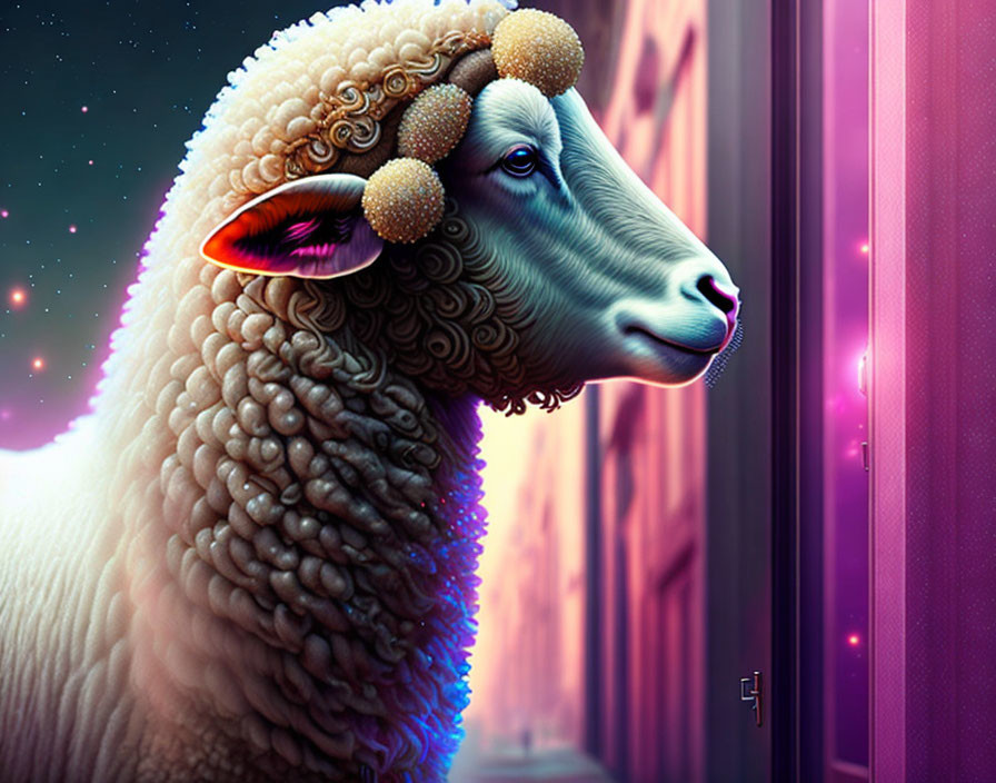 Surreal sheep with intricate horns in cosmic setting