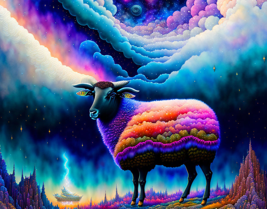 Colorful Sheep in Cosmic Landscape with Swirling Clouds and Stars