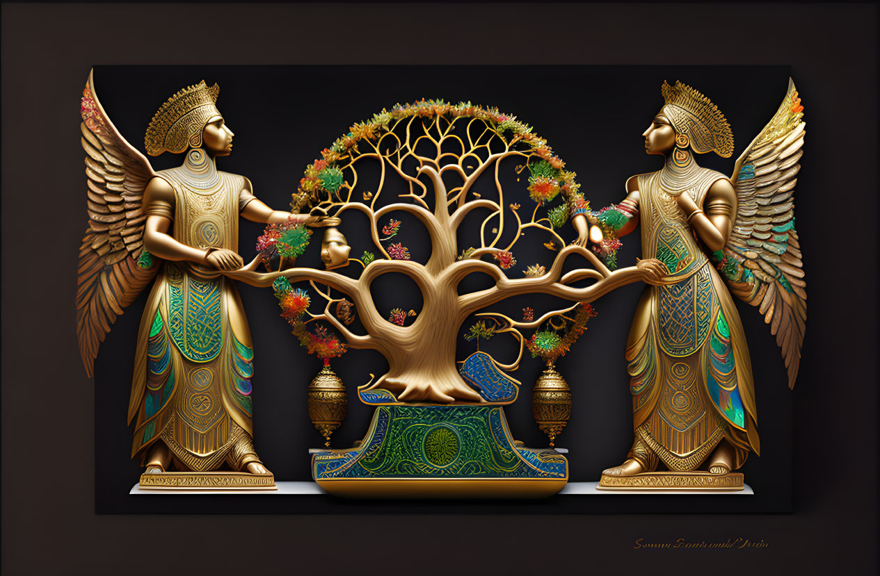 Ornate artwork of winged golden figures with serene tree on dark background