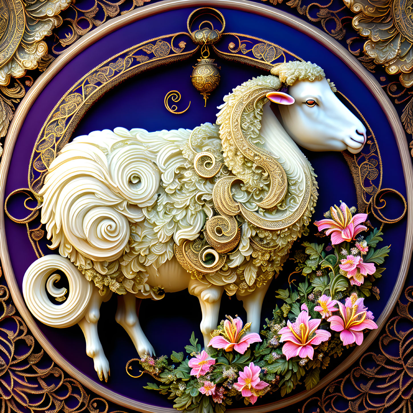 Golden ornate sheep on purple background with floral elements