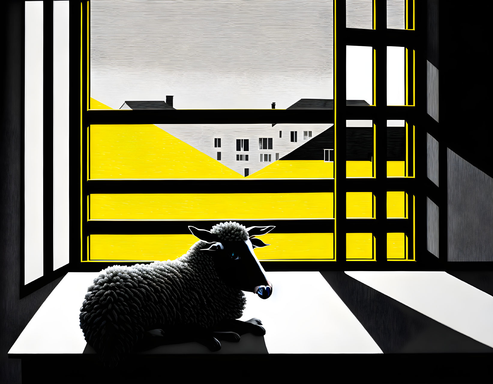 Stylized image: Sheep in room with yellow-striped walls, large window, and strong shadows