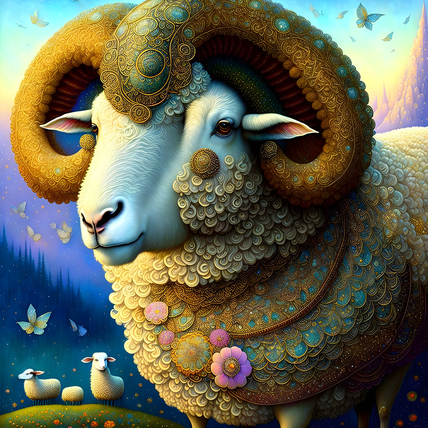 Detailed illustration of majestic ram in golden armor, surrounded by serene landscape.