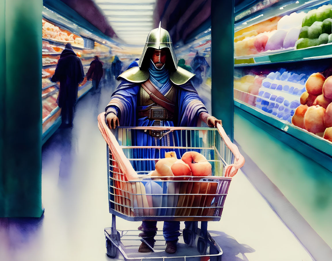 Medieval knight in armor with shopping cart of fruits in supermarket