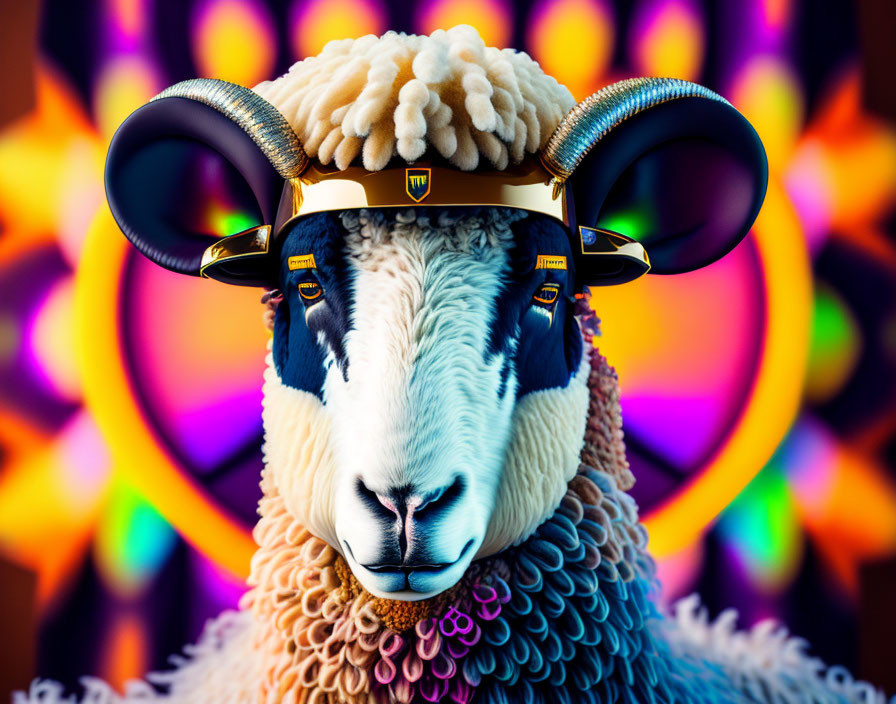 Colorful Ram with Curly Horns Wearing Headphones