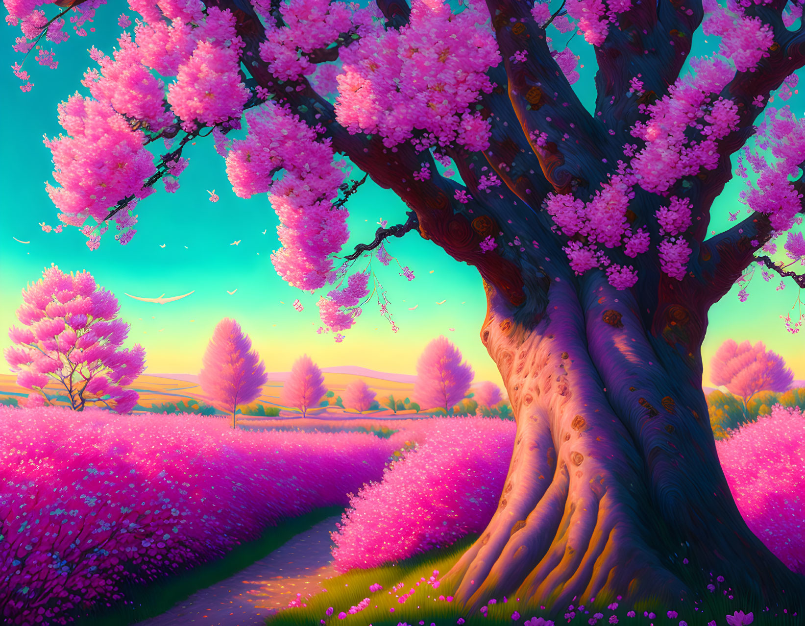 Colorful landscape with blossoming tree, pink fields, and serene sunset sky