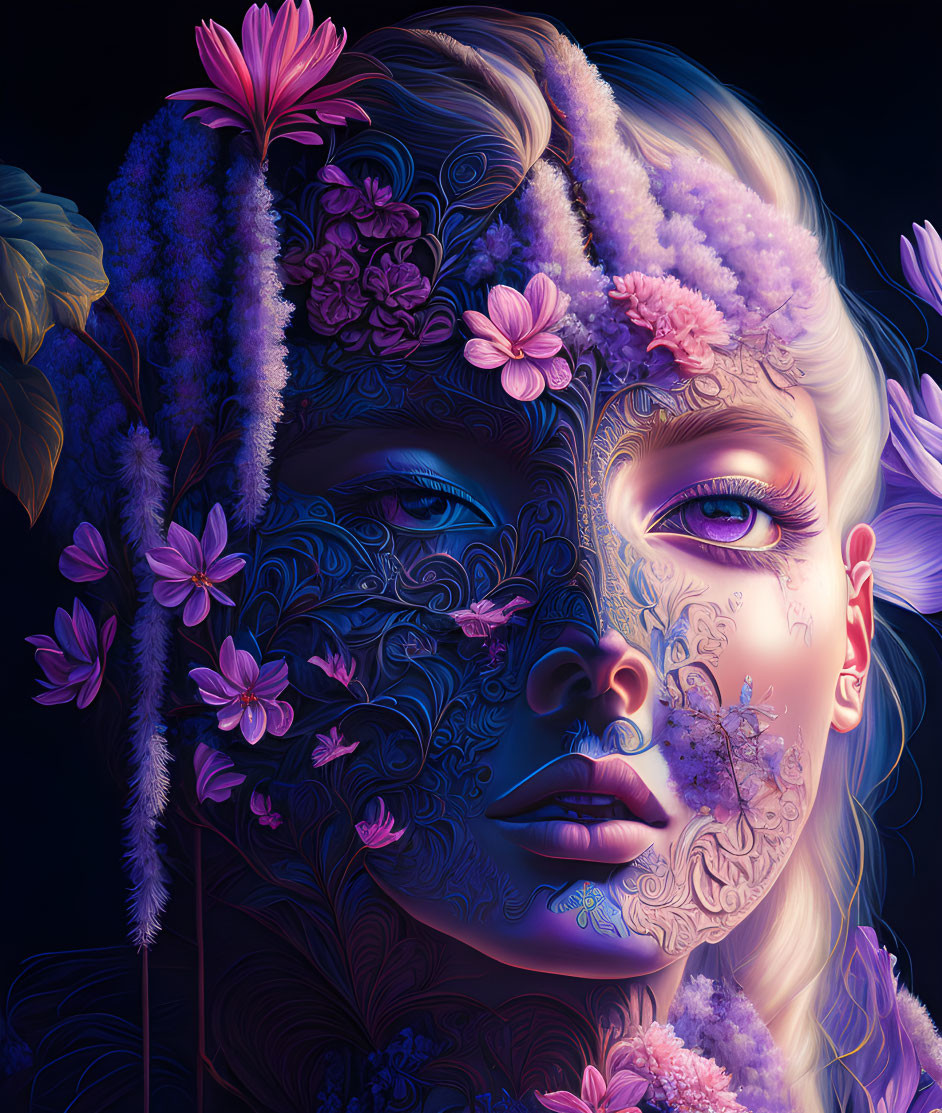 Digital artwork of woman's face with vibrant floral patterns on dark background