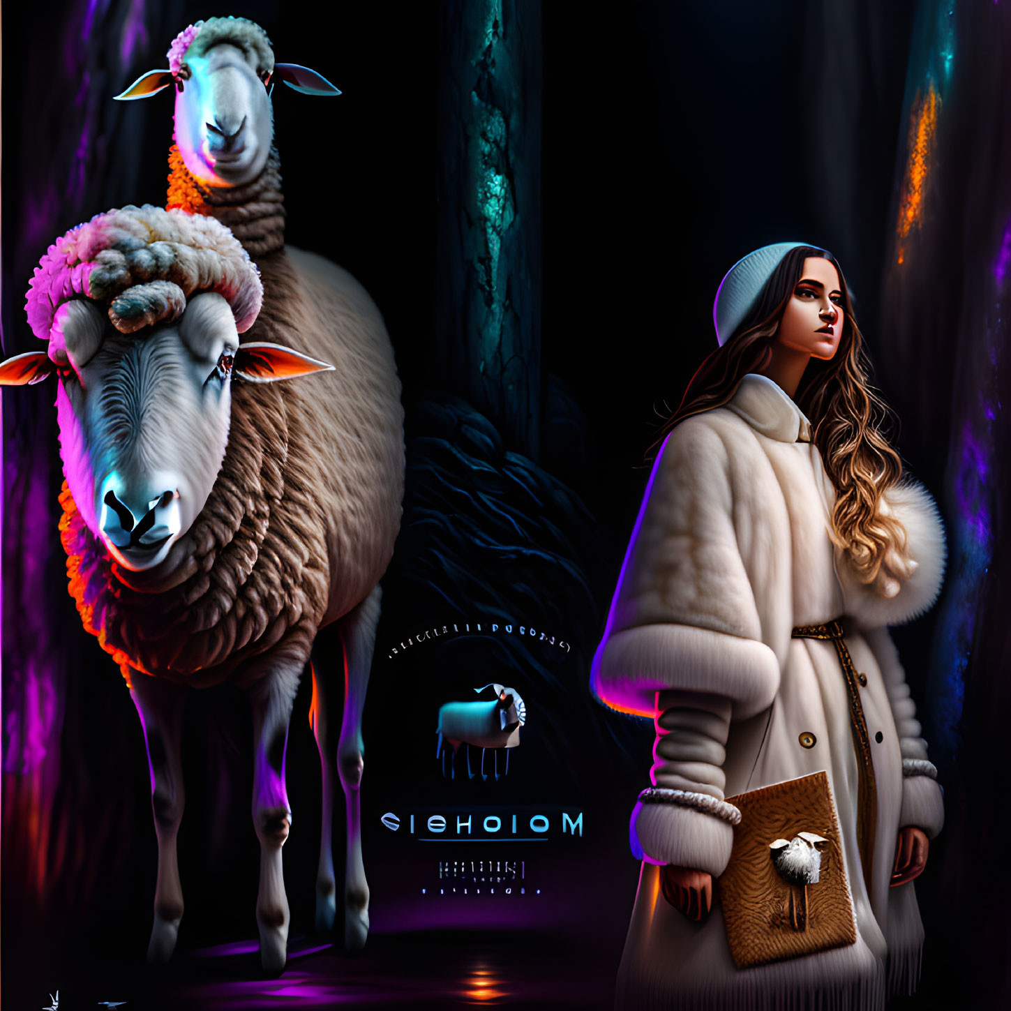 Stylish Woman in Winter Coat with Colorful Sheep and Bright Lights