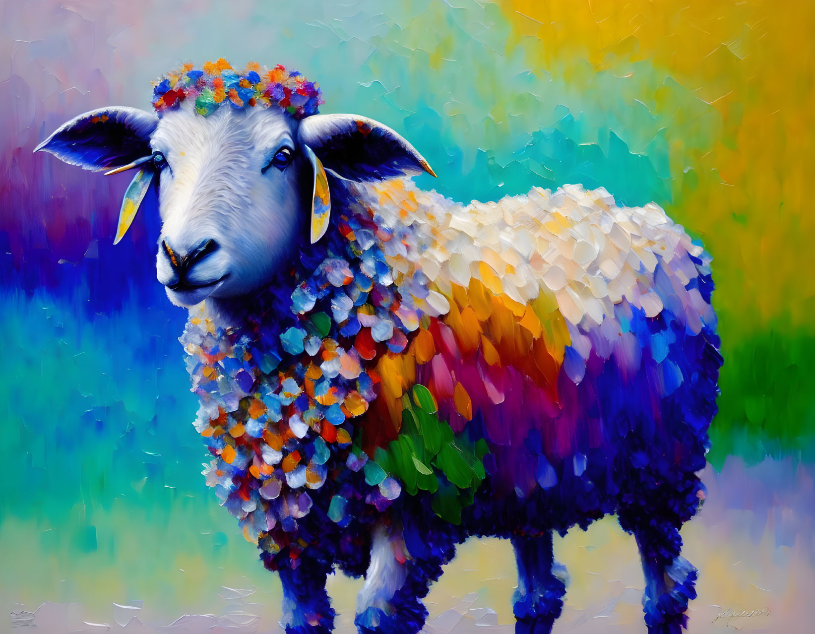 Vibrant impressionistic painting of a sheep in multicolored wool coat