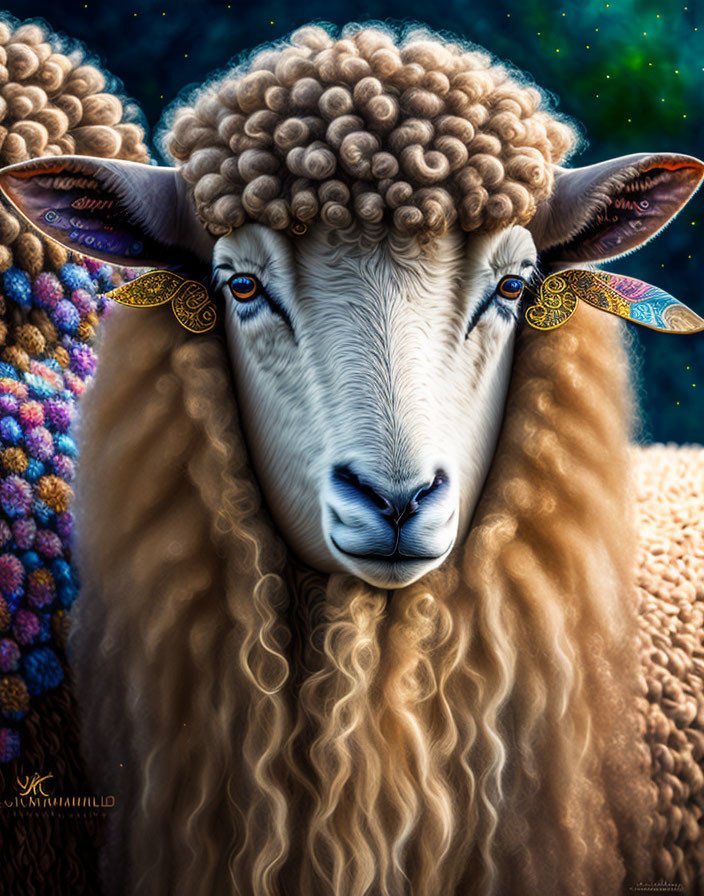 Whimsical sheep with patterned ears and blue eyes on starry backdrop