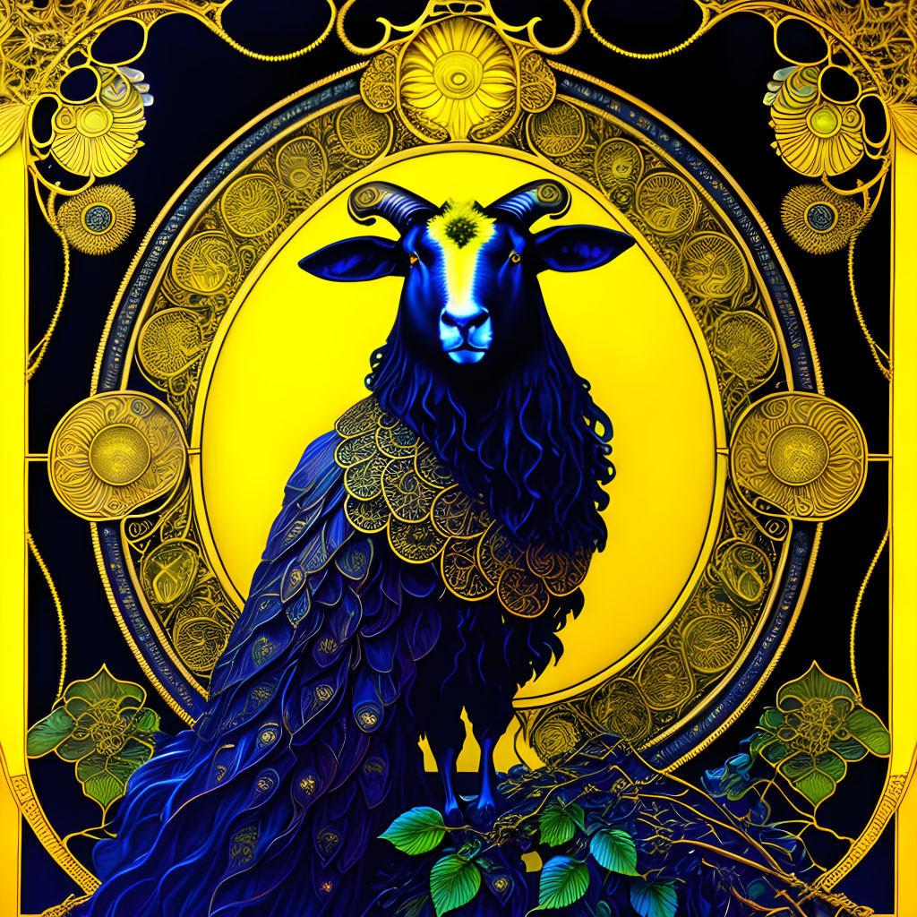 Colorful artwork: Blue ram with golden patterns in decorative circular motif