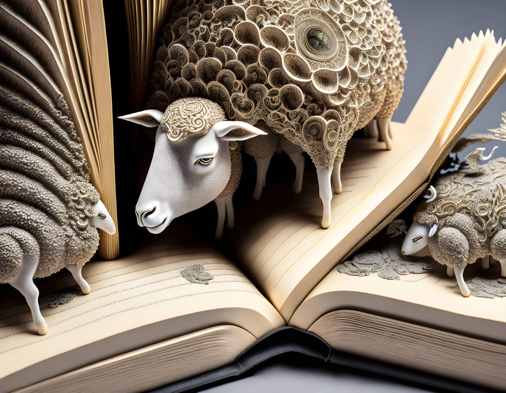 Sheep sculptures emerging from open book with intricate patterns