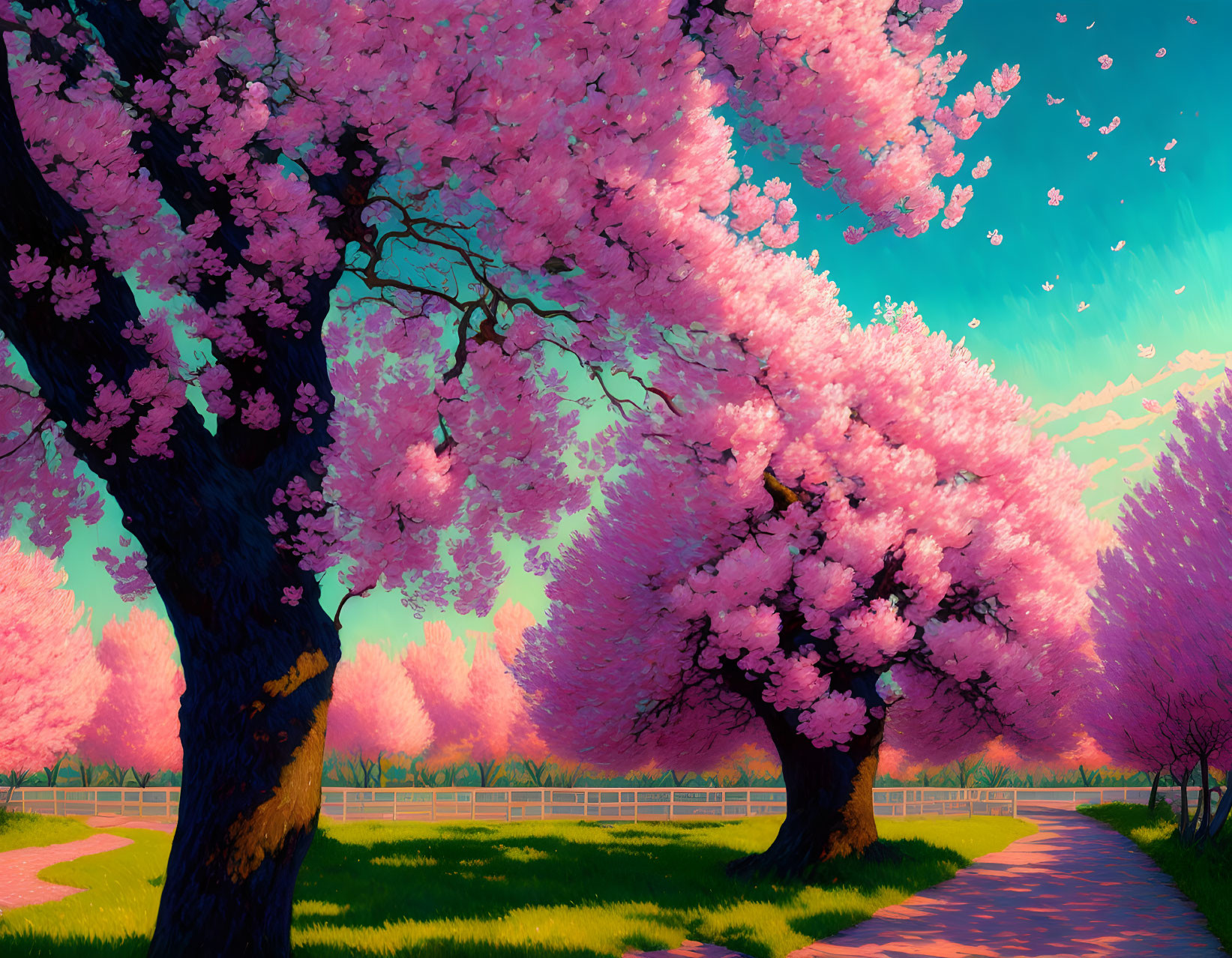 Vibrant digital artwork: Path with blooming cherry blossoms