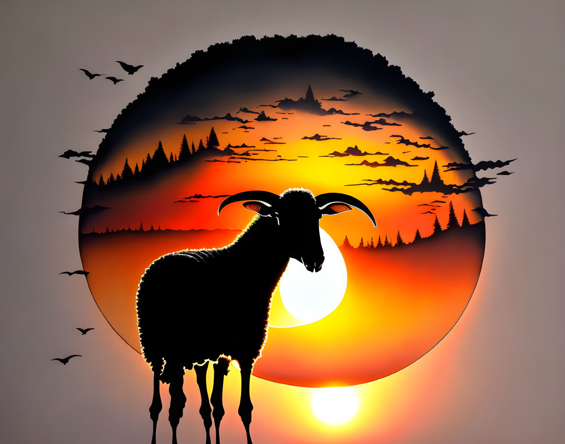 Ram silhouette against vibrant sunset with mountains, trees, and birds