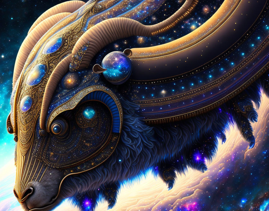 Colorful digital artwork: Cosmic creature with ram features and celestial patterns on starry backdrop