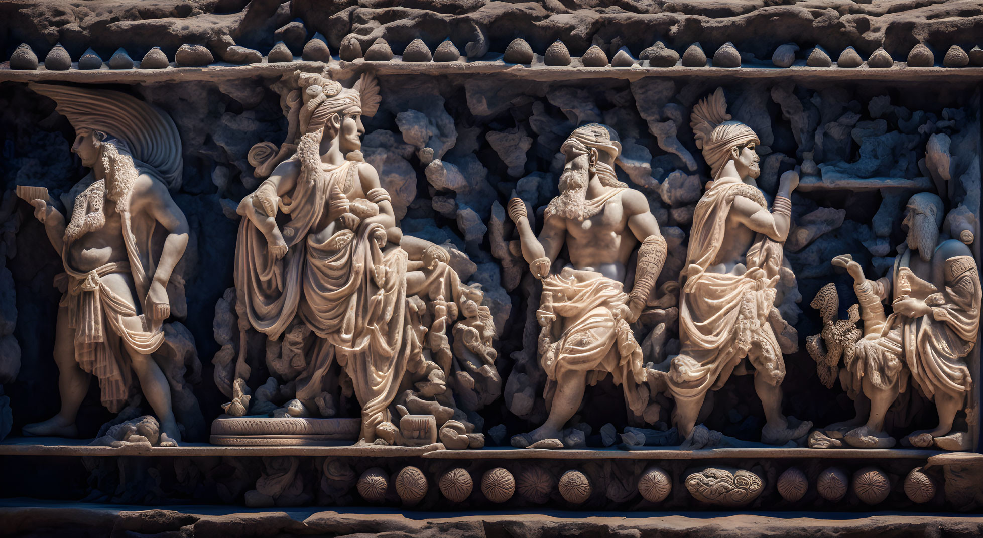 Ancient deity-themed stone relief with regal figures and detailed backdrop