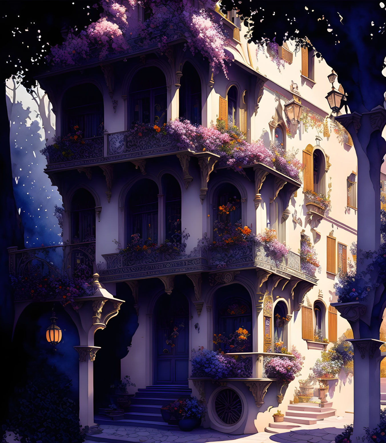 Illustration of blooming flowers on multi-storied building at twilight